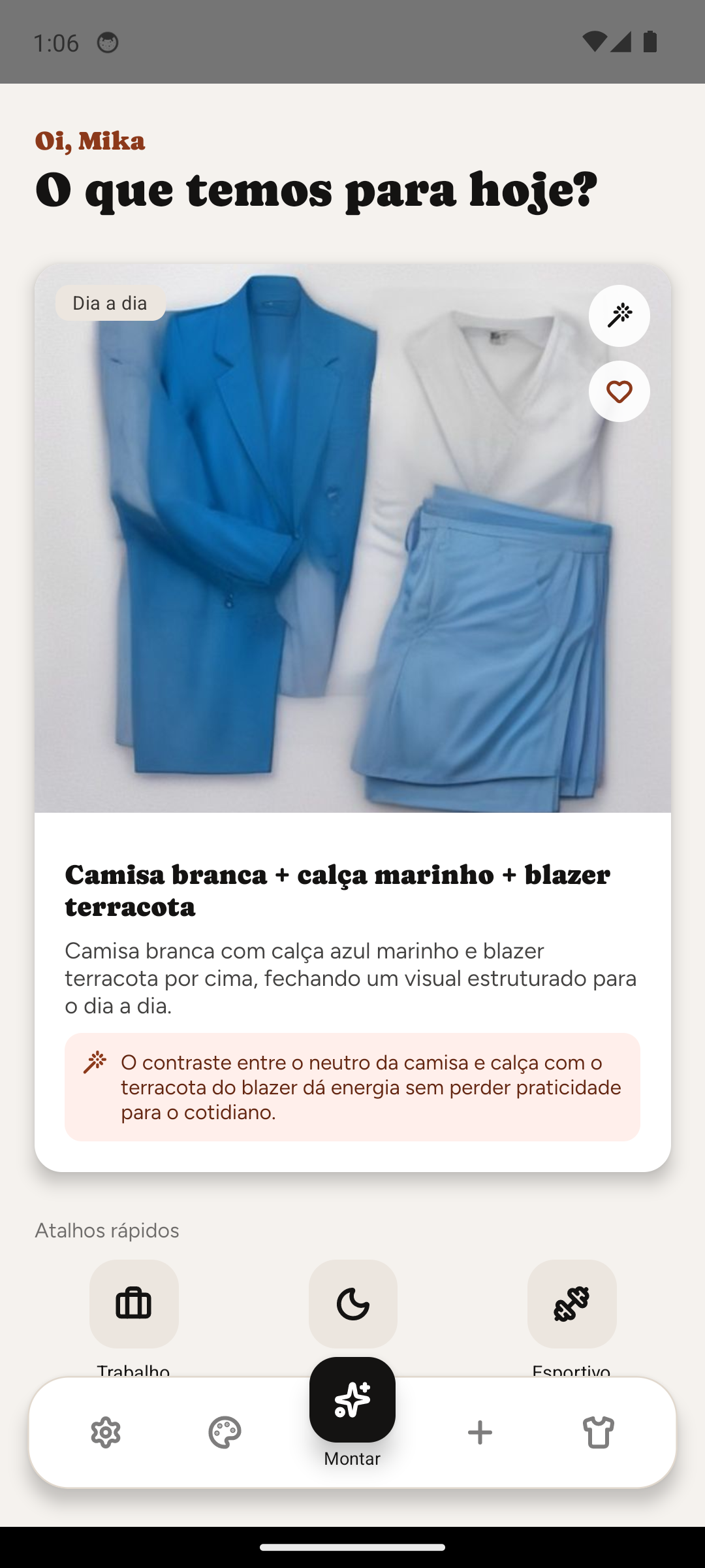 Tela inicial com sugestão de look do dia